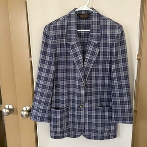 Eddie Bauer Womens Small Plaid Vintage 90s Mid Length Blazer Jacket Shoulder Pad